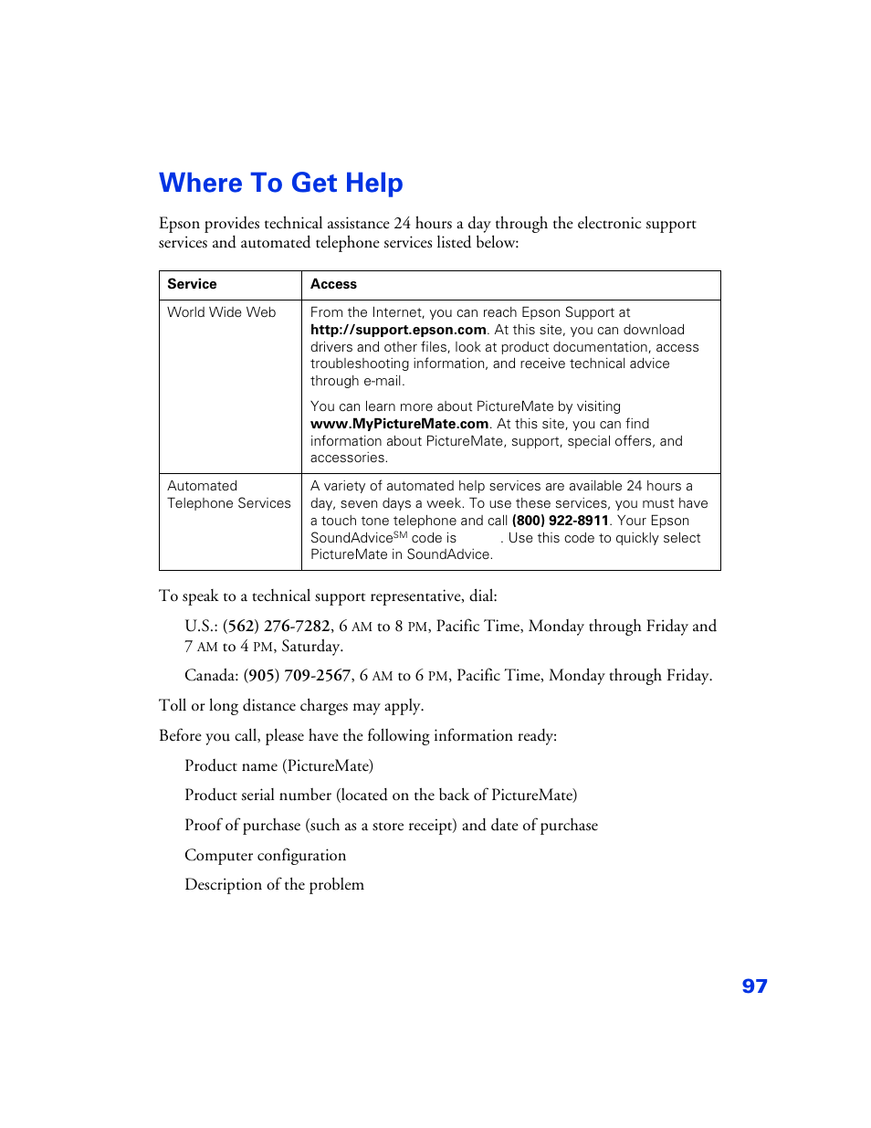 Where to get help, Where to get help 97, D in where to get help | Epson PictureMate User Manual | Page 98 / 126