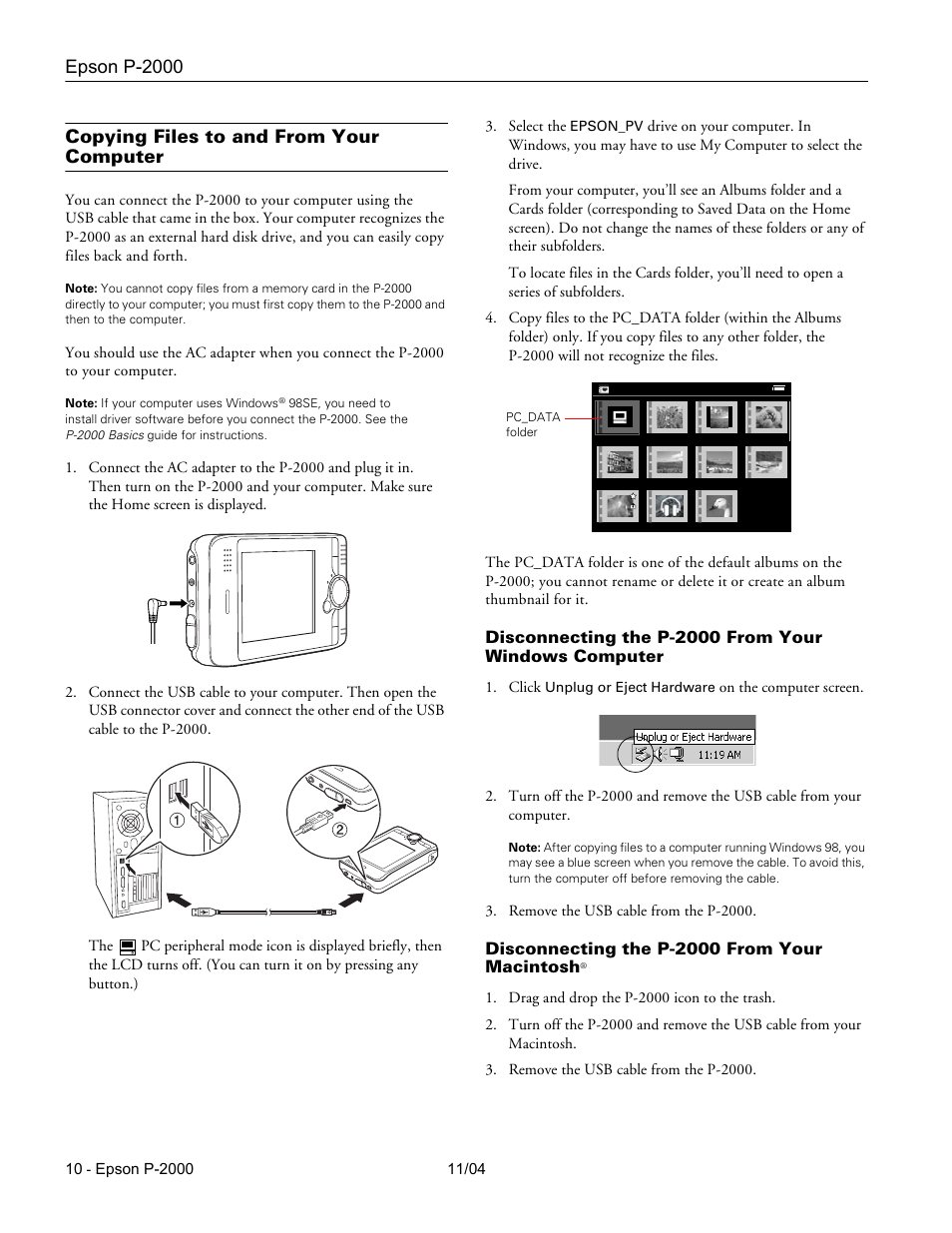 Copying files to and from your computer, Disconnecting the p-2000 from your macintosh, Epson p-2000 | Epson P-2000 User Manual | Page 10 / 12