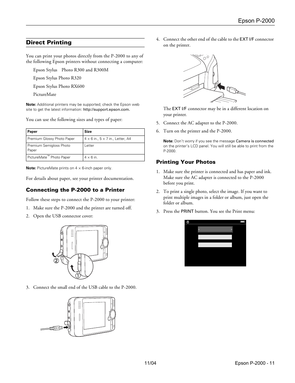 Direct printing, Connecting the p-2000 to a printer, Printing your photos | Epson p-2000 | Epson P-2000 User Manual | Page 11 / 12