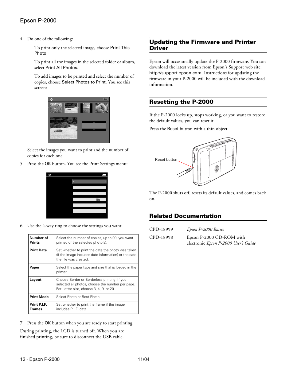 Updating the firmware and printer driver, Resetting the p-2000, Related documentation | Epson p-2000 | Epson P-2000 User Manual | Page 12 / 12