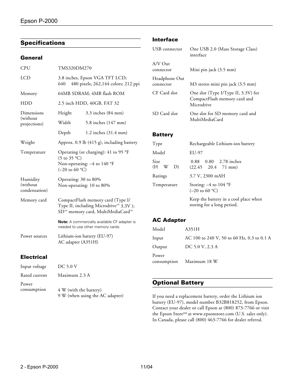 Specifications, General, Electrical | Interface, Battery, Ac adapter, Optional battery | Epson P-2000 User Manual | Page 2 / 12