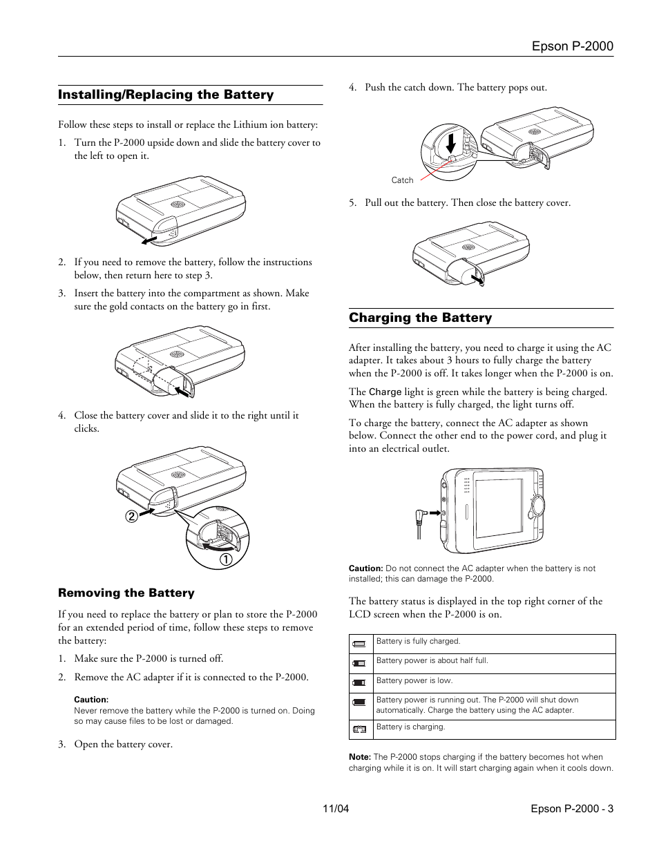 Installing/replacing the battery, Removing the battery, Charging the battery | Epson p-2000 | Epson P-2000 User Manual | Page 3 / 12