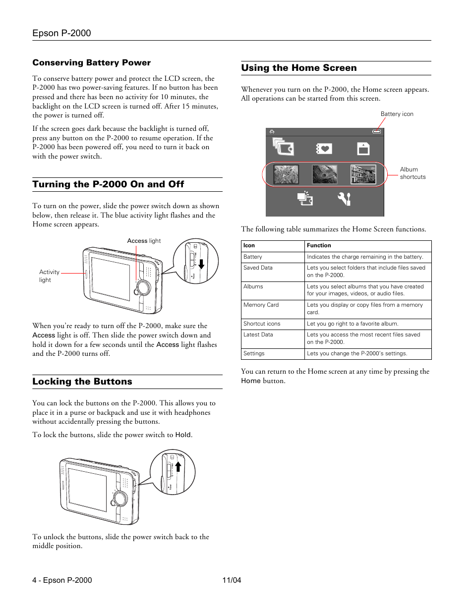 Conserving battery power, Turning the p-2000 on and off, Locking the buttons | Using the home screen, Epson p-2000 | Epson P-2000 User Manual | Page 4 / 12