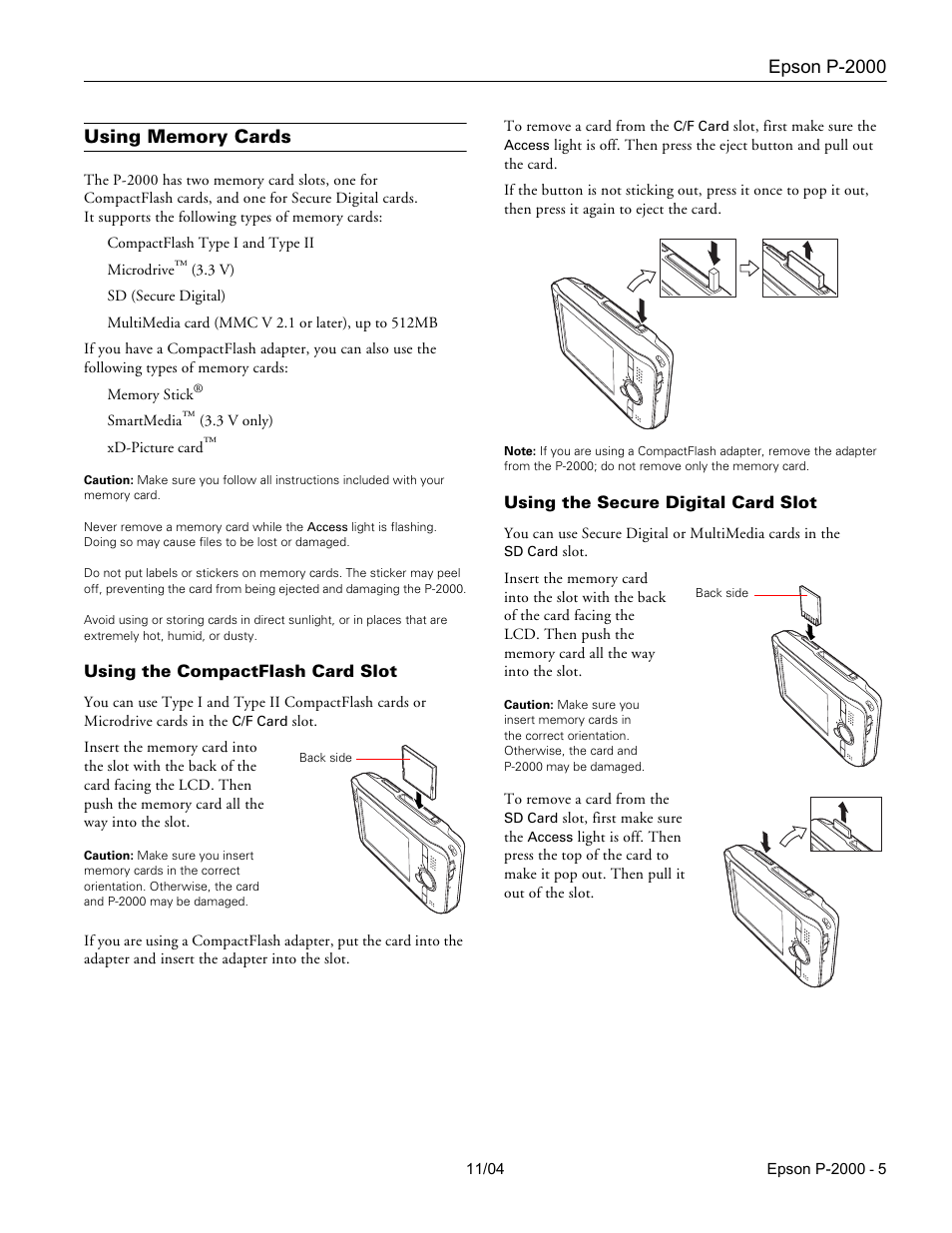 Using memory cards, Using the compactflash card slot, Using the secure digital card slot | Epson p-2000 | Epson P-2000 User Manual | Page 5 / 12