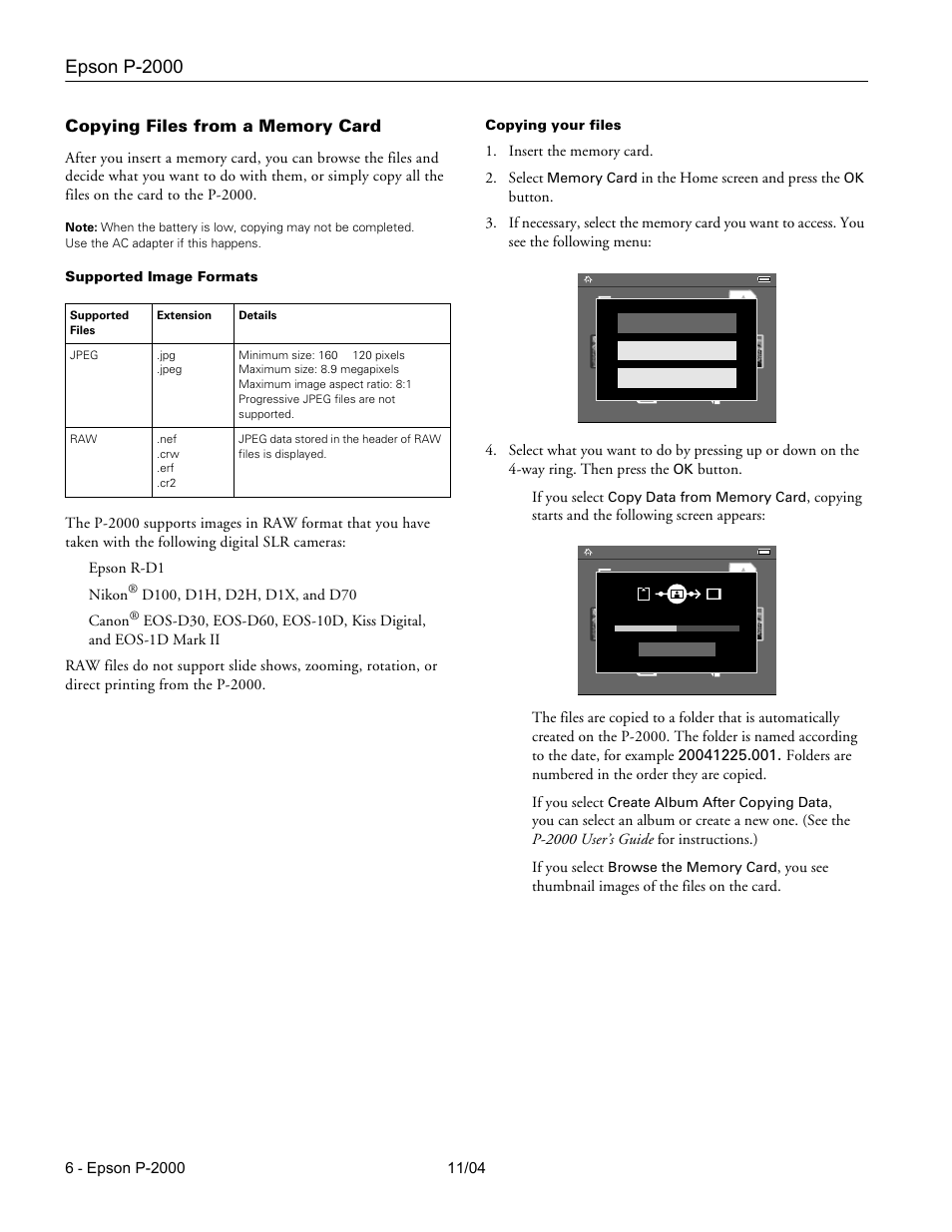 Copying files from a memory card, Epson p-2000 | Epson P-2000 User Manual | Page 6 / 12