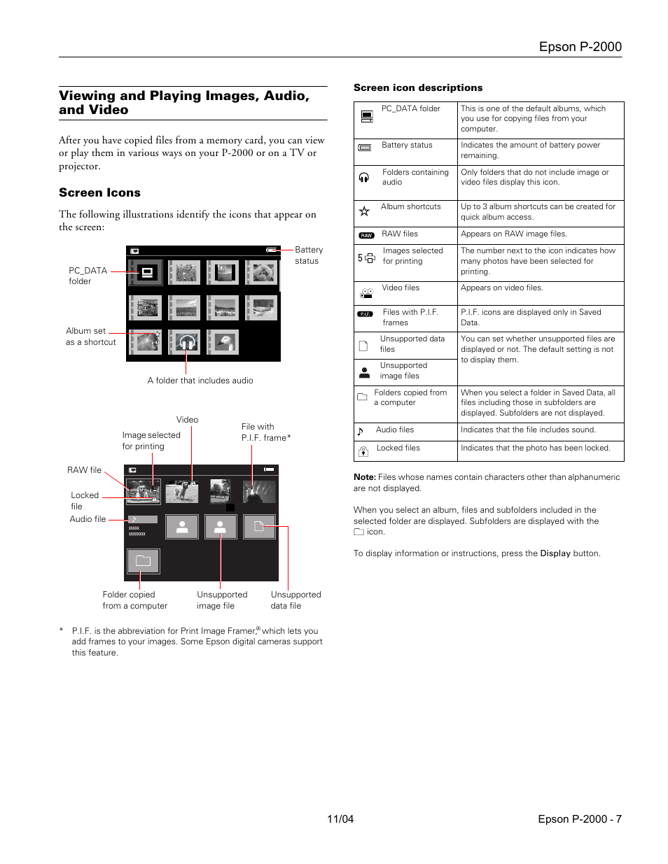 Viewing and playing images, audio, and video, Screen icons, Epson p-2000 | Screen icon descriptions | Epson P-2000 User Manual | Page 7 / 12