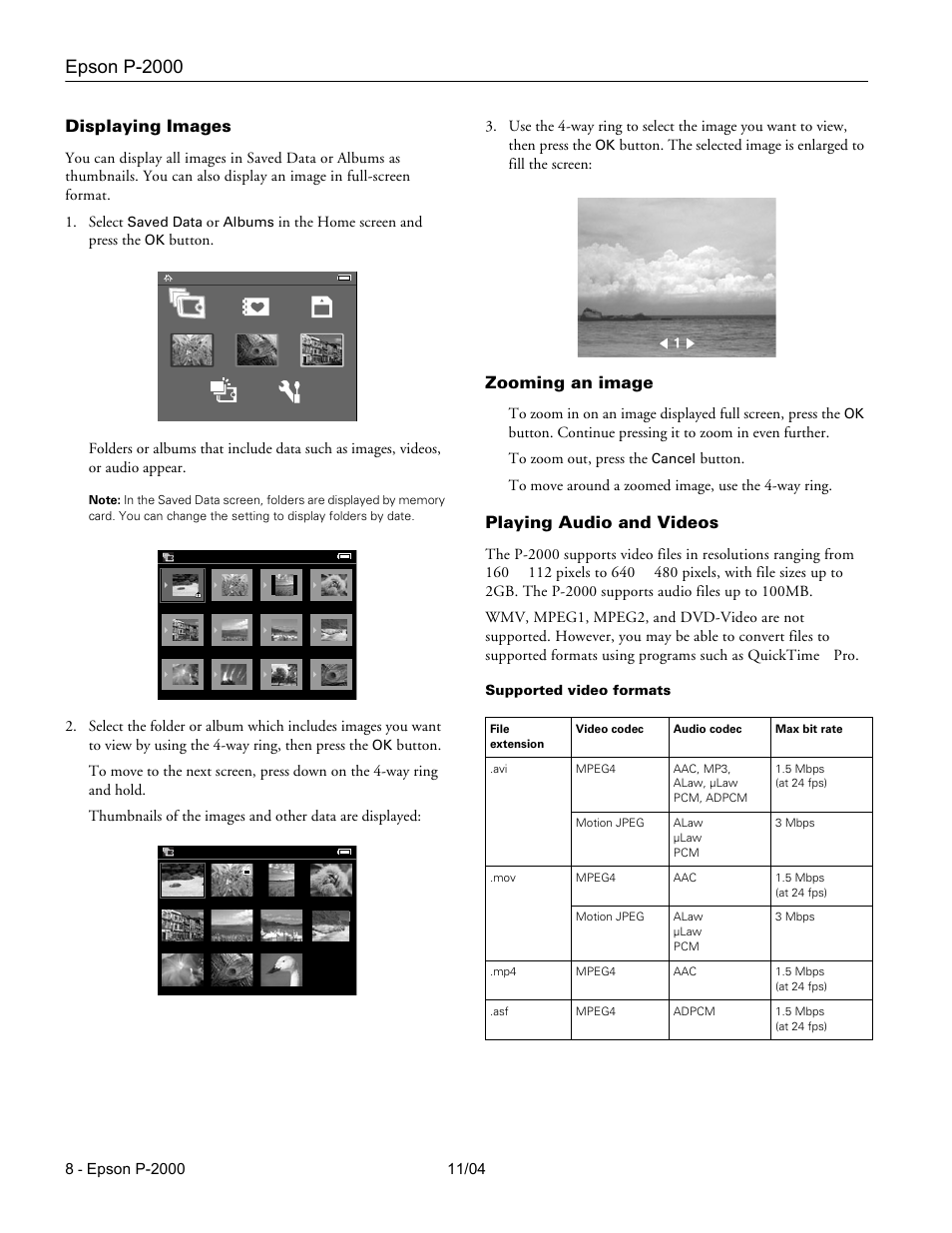 Displaying images, Zooming an image, Playing audio and videos | Epson p-2000 | Epson P-2000 User Manual | Page 8 / 12