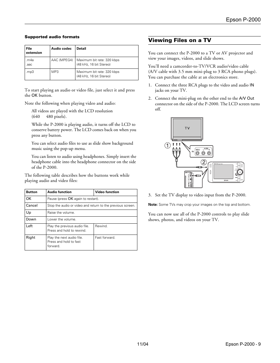 Viewing files on a tv, Epson p-2000 | Epson P-2000 User Manual | Page 9 / 12