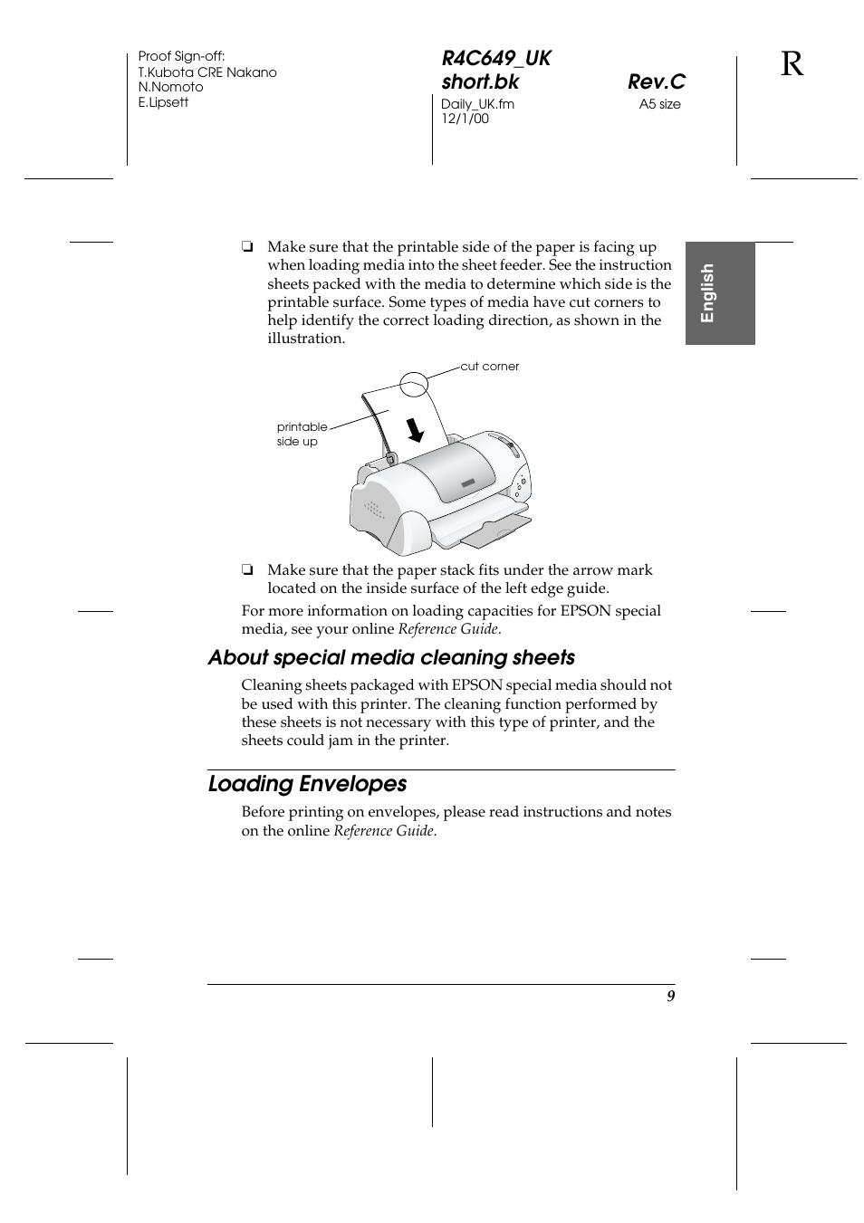 About special media cleaning sheets, Loading envelopes, R4c649_uk short.bk rev.c | Epson 790 User Manual | Page 10 / 26