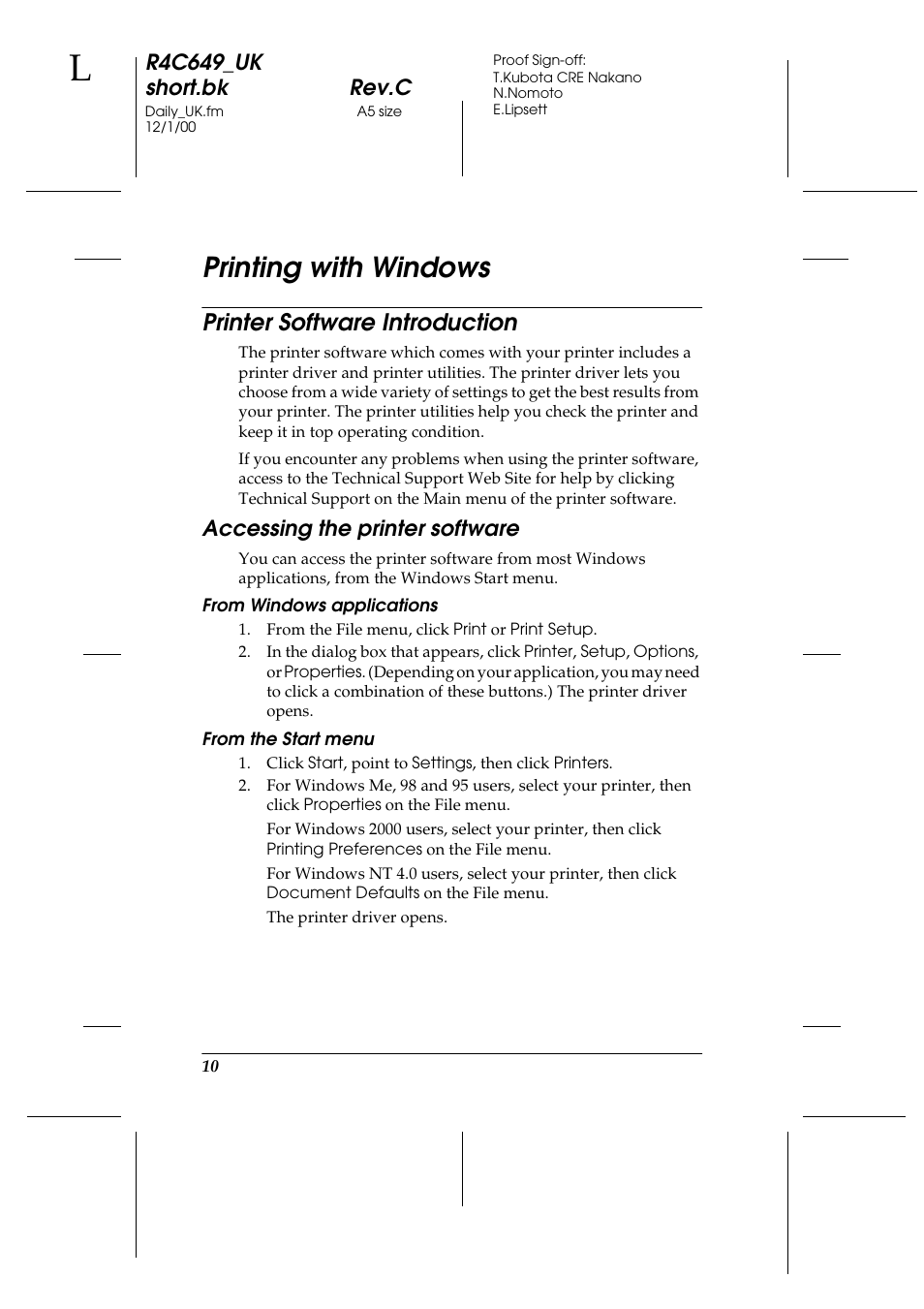 Printing with windows, Printer software introduction, Accessing the printer software | From windows applications, From the start menu | Epson 790 User Manual | Page 11 / 26