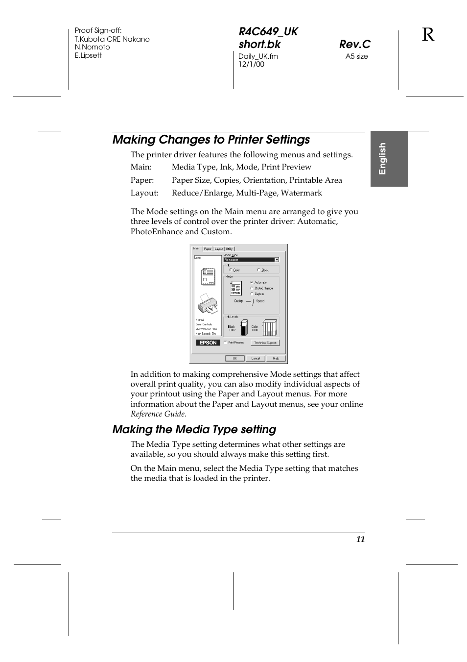 Making changes to printer settings, Making the media type setting, R4c649_uk short.bk rev.c | Epson 790 User Manual | Page 12 / 26