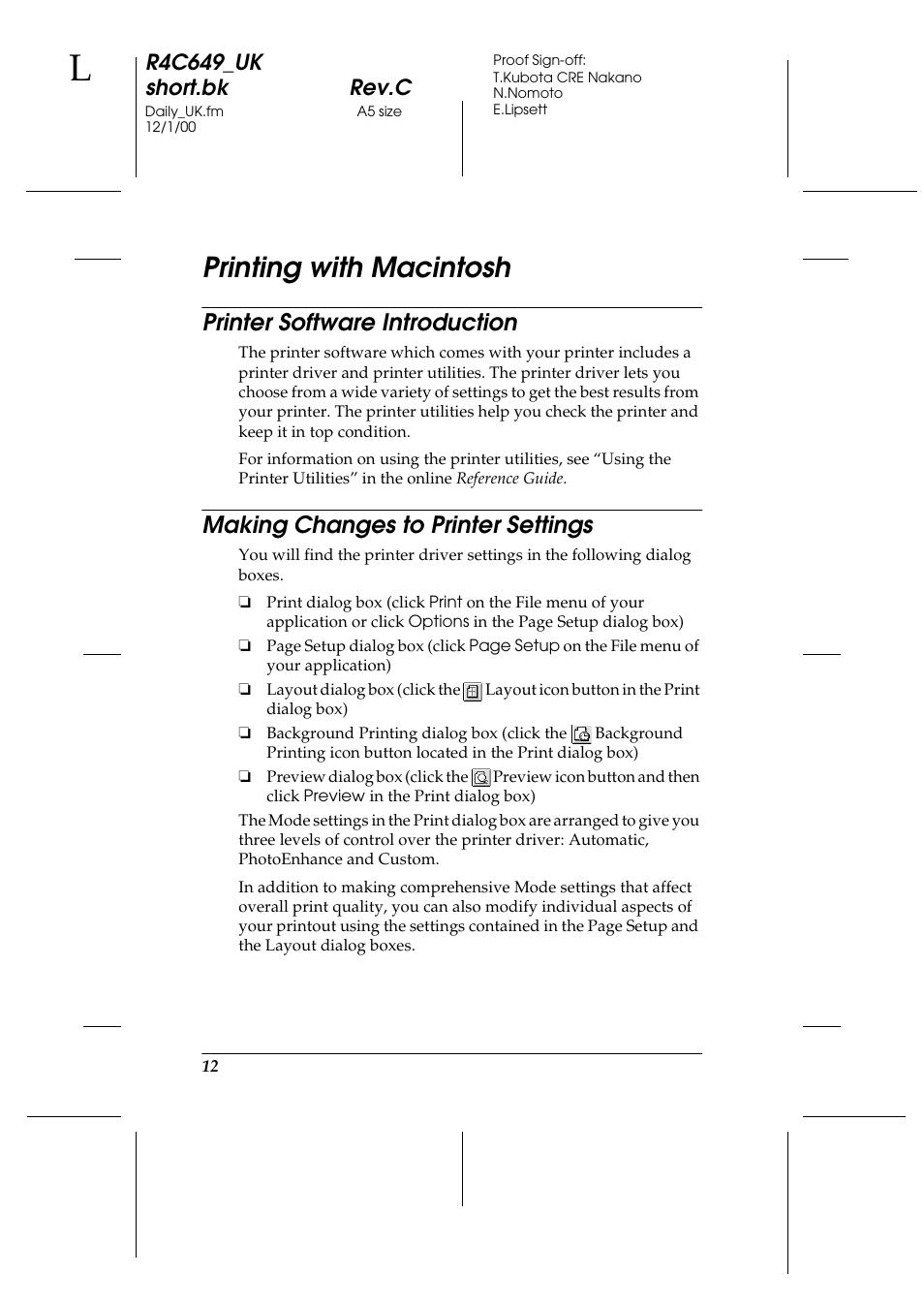 Printing with macintosh, Printer software introduction, Making changes to printer settings | R4c649_uk short.bk rev.c | Epson 790 User Manual | Page 13 / 26