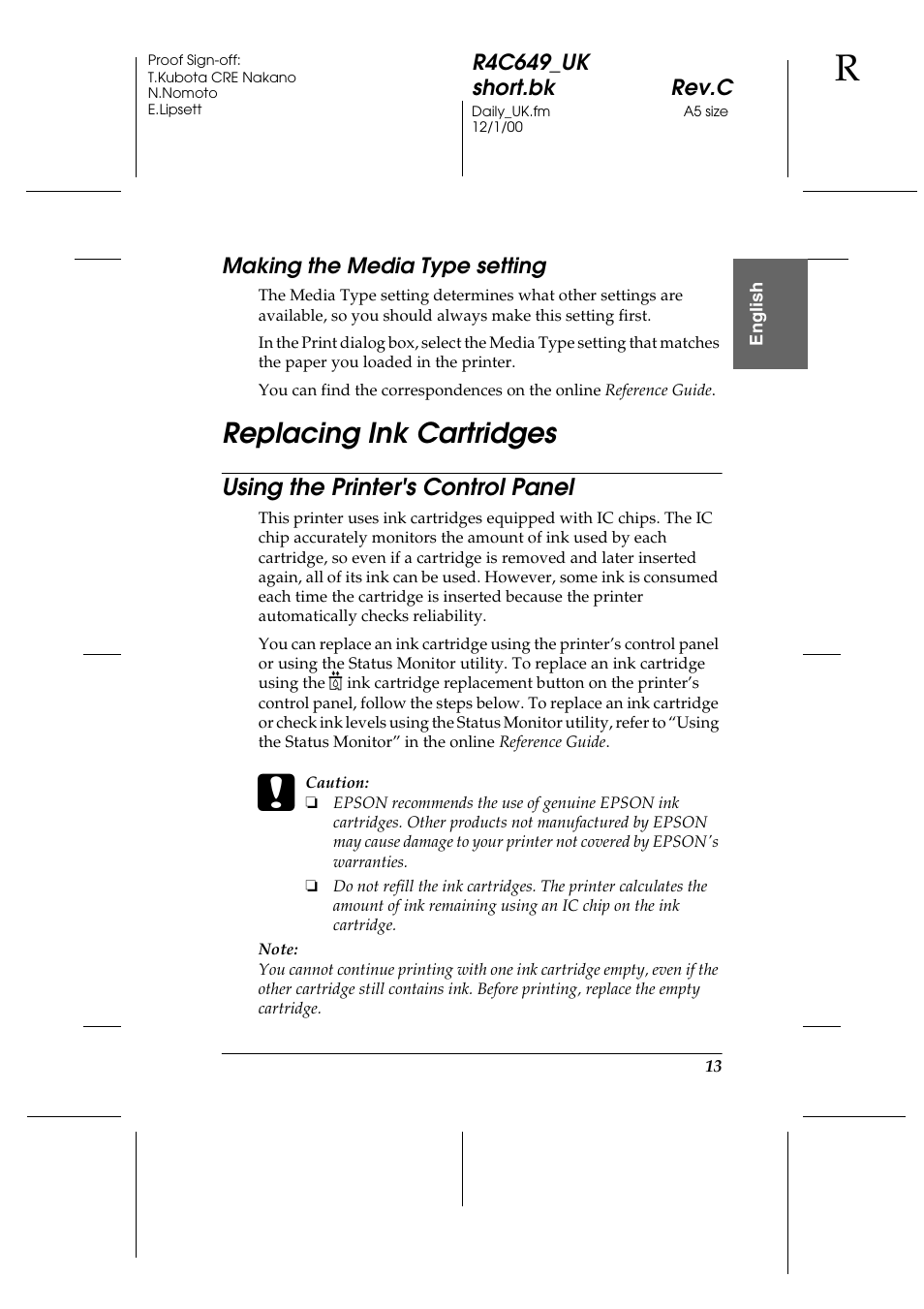 Making the media type setting, Replacing ink cartridges, Using the printer's control panel | Epson 790 User Manual | Page 14 / 26