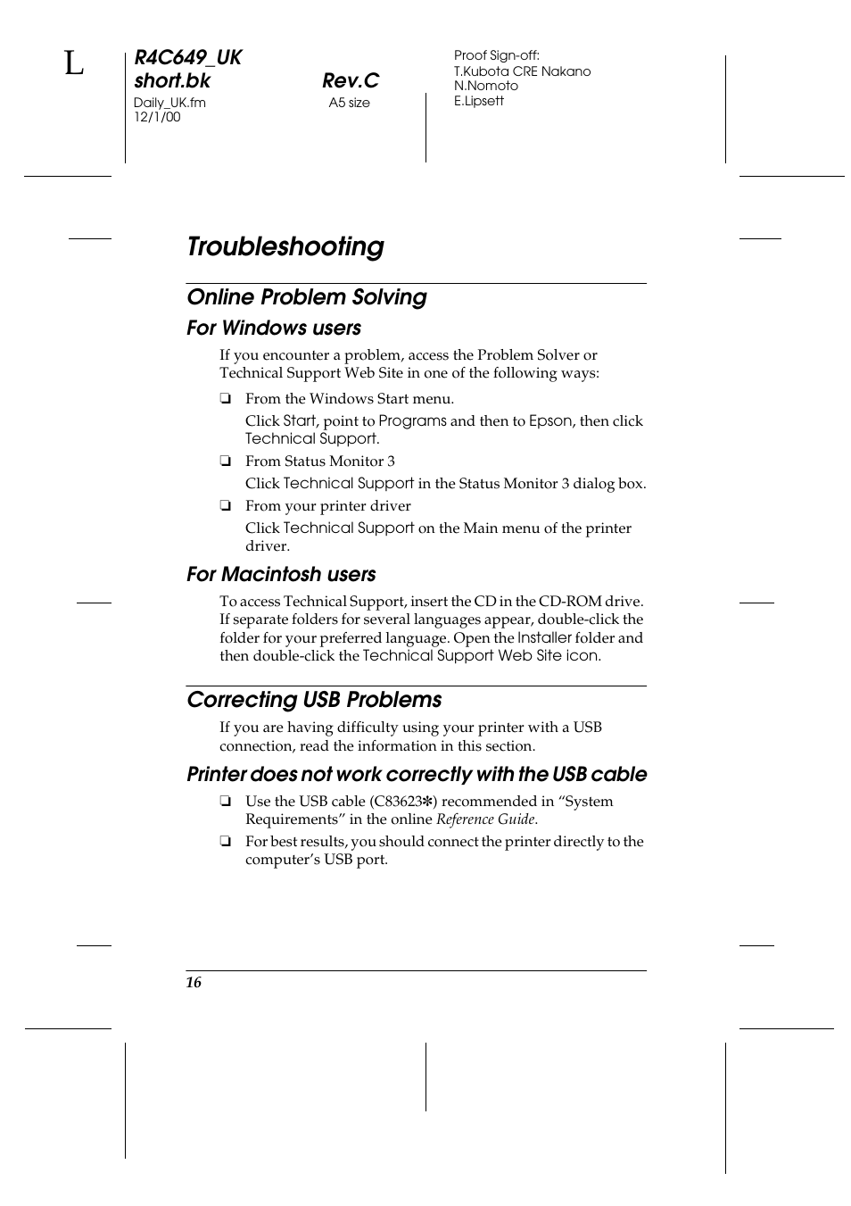 Troubleshooting, Online problem solving, For windows users | For macintosh users, Correcting usb problems, Printer does not work correctly with the usb cable, Online problem solving correcting usb problems | Epson 790 User Manual | Page 17 / 26