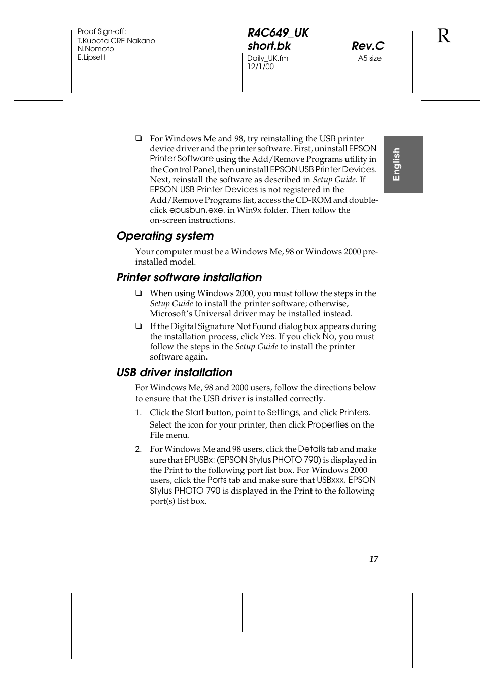 Operating system, Printer software installation, Usb driver installation | R4c649_uk short.bk rev.c | Epson 790 User Manual | Page 18 / 26