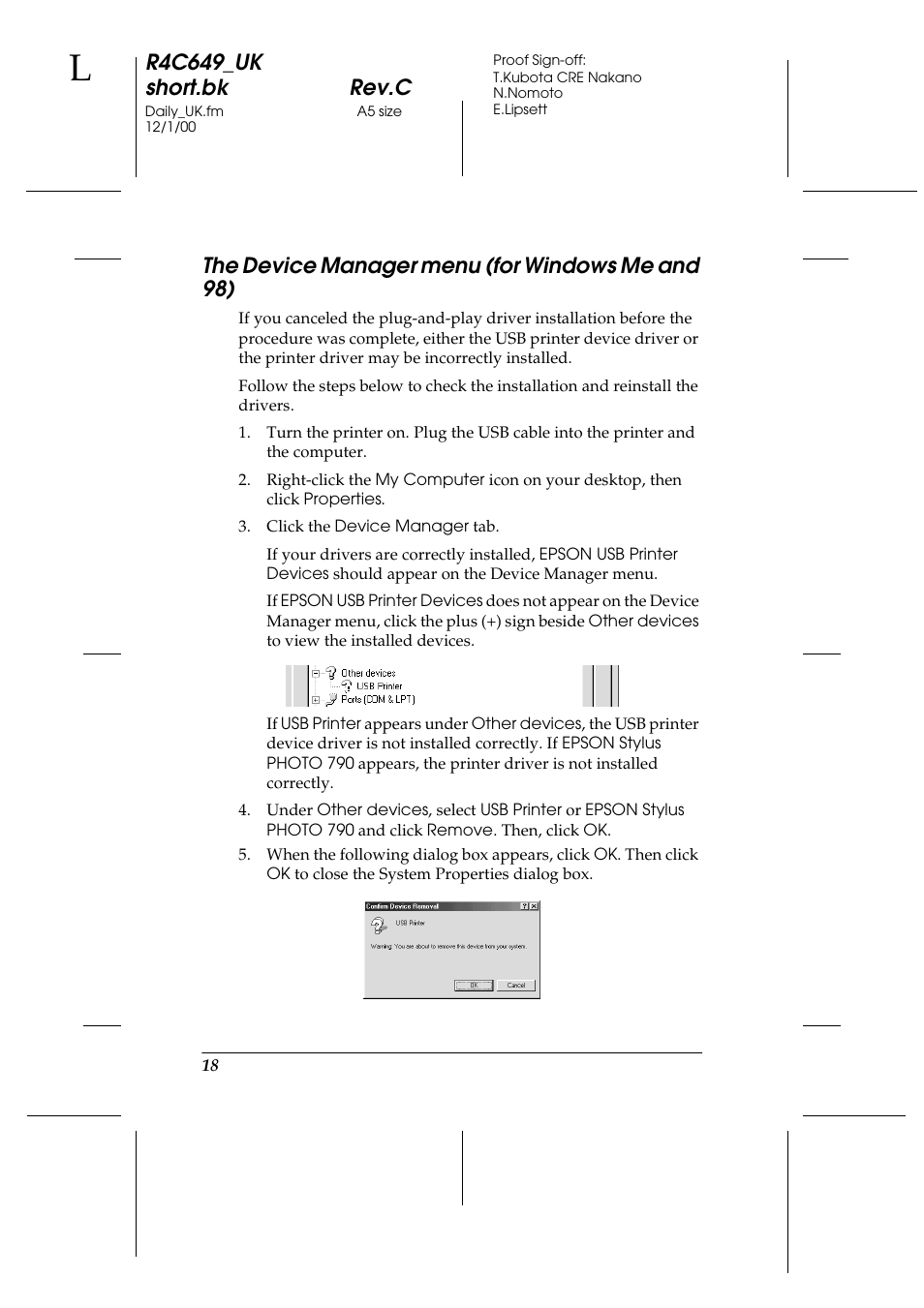 The device manager menu (for windows me and 98), R4c649_uk short.bk rev.c | Epson 790 User Manual | Page 19 / 26