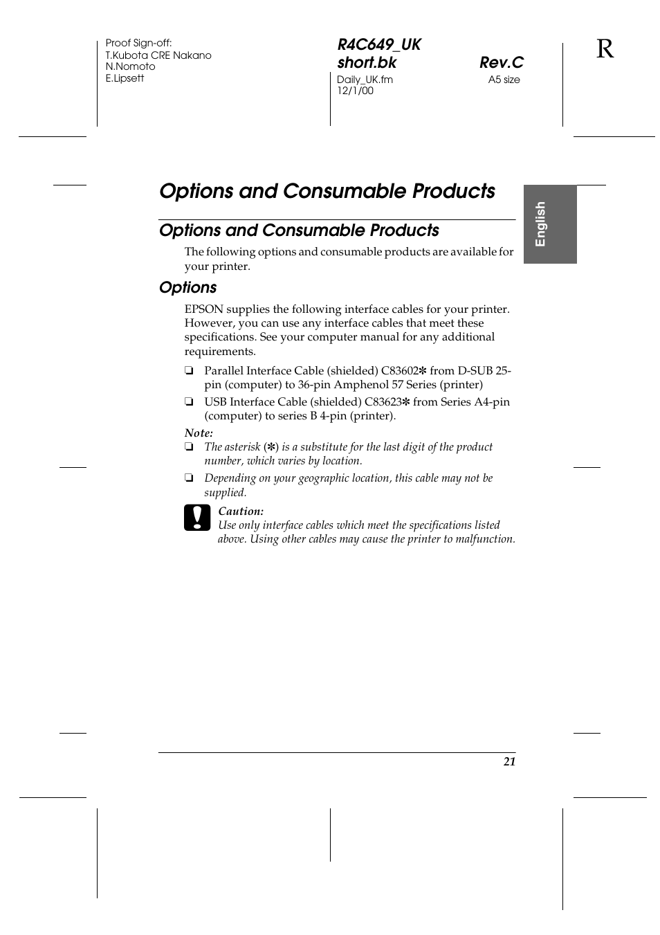 Options and consumable products, Options | Epson 790 User Manual | Page 22 / 26