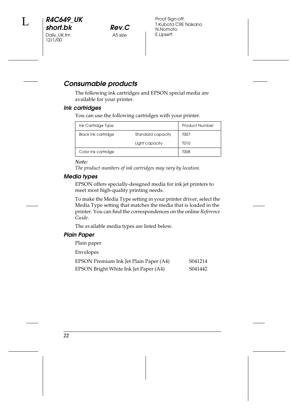 Consumable products, Ink cartridges, Media types | Plain paper, R4c649_uk short.bk rev.c | Epson 790 User Manual | Page 23 / 26