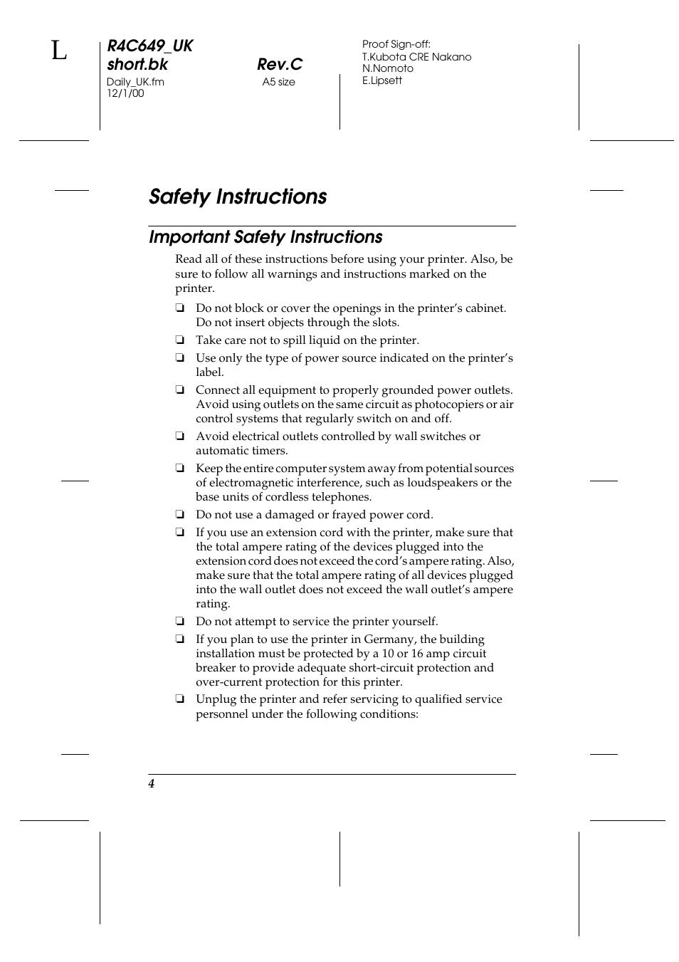 Safety instructions, Important safety instructions, R4c649_uk short.bk rev.c | Epson 790 User Manual | Page 5 / 26