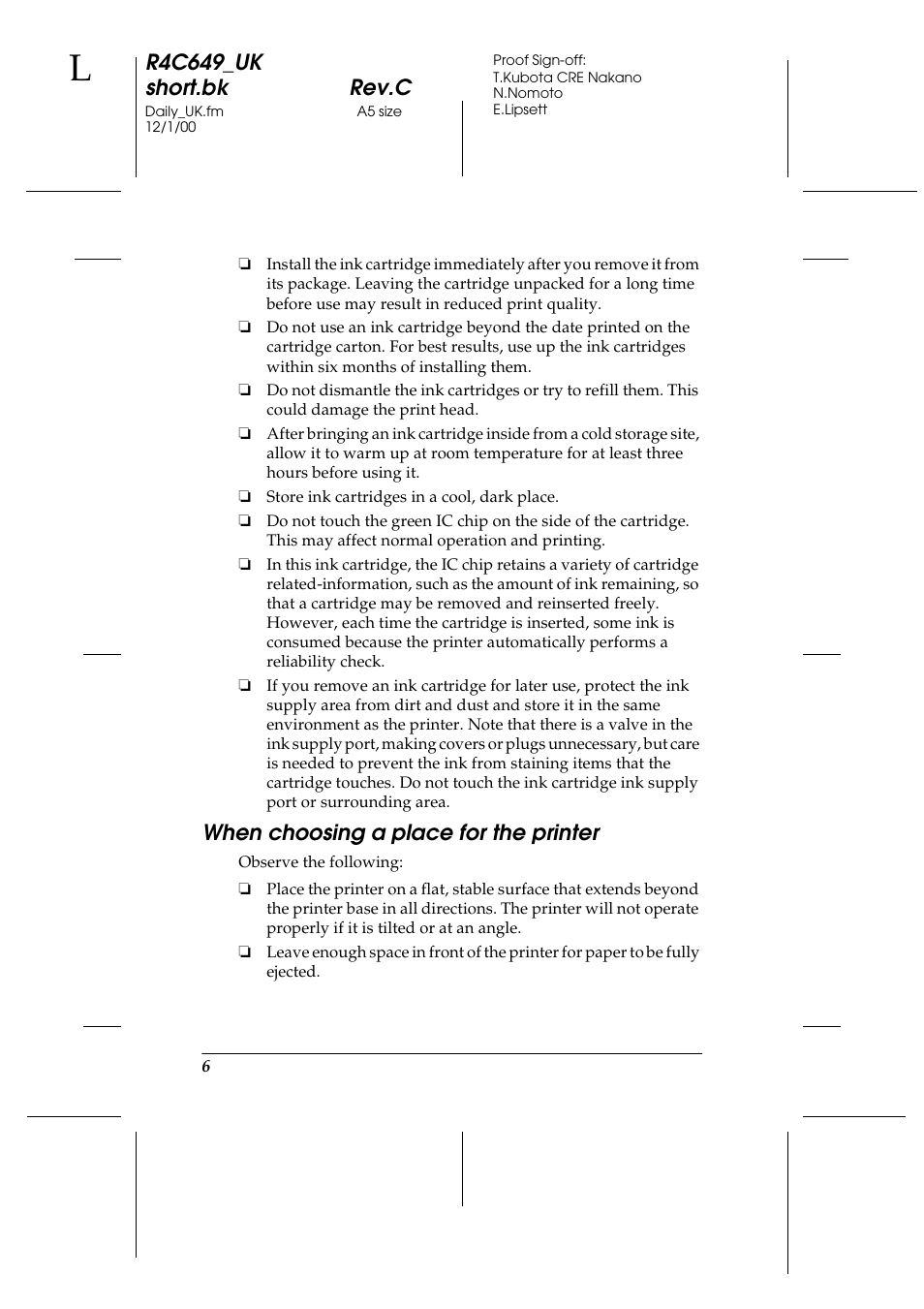 When choosing a place for the printer, R4c649_uk short.bk rev.c | Epson 790 User Manual | Page 7 / 26