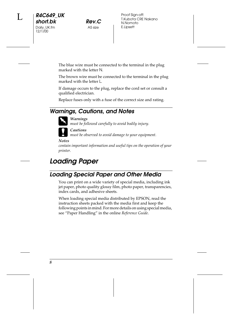 Warnings, cautions, and notes, Loading paper, Loading special paper and other media | Epson 790 User Manual | Page 9 / 26