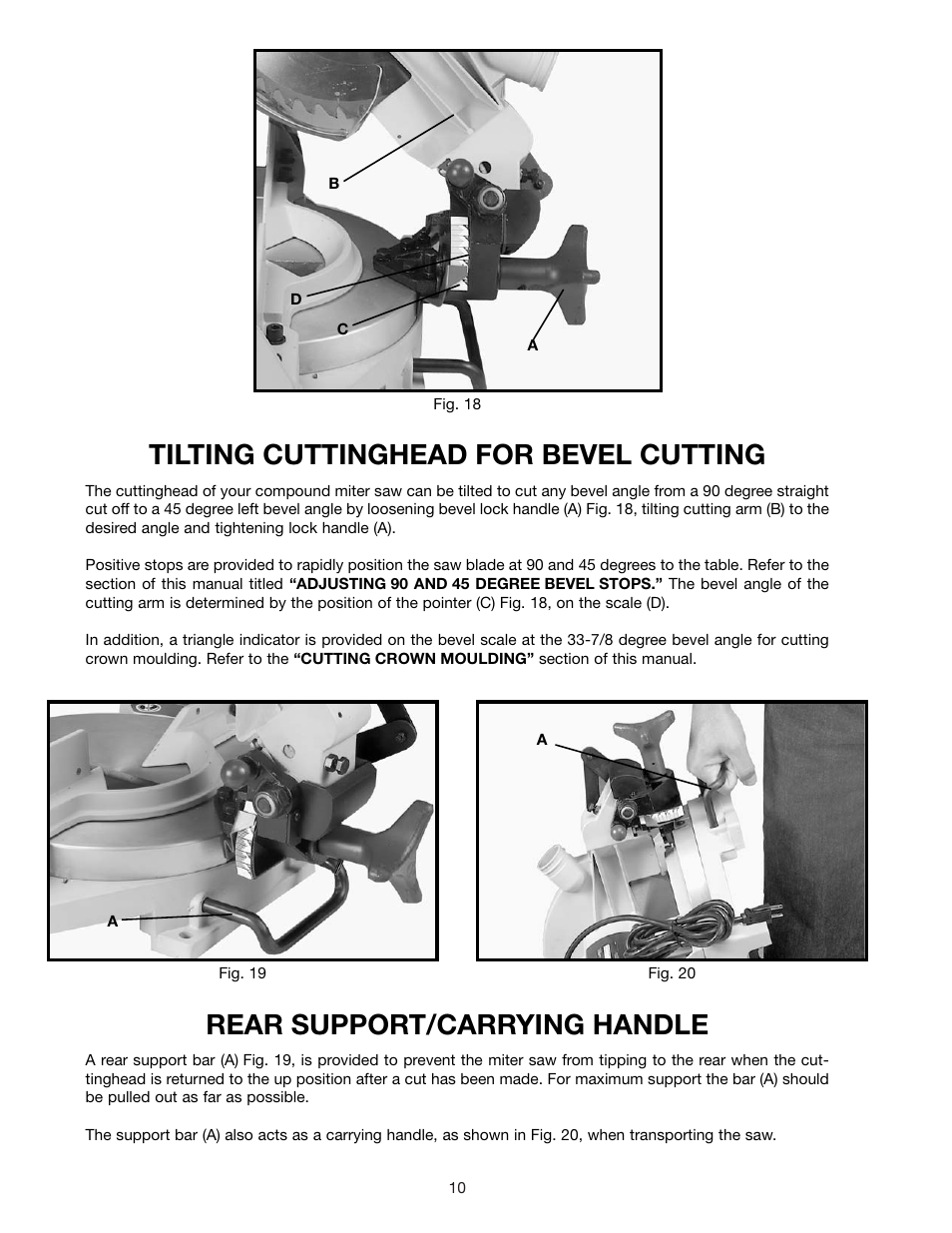 Rear support/carrying handle, Tilting cuttinghead for bevel cutting | Epson 36-075 User Manual | Page 10 / 21