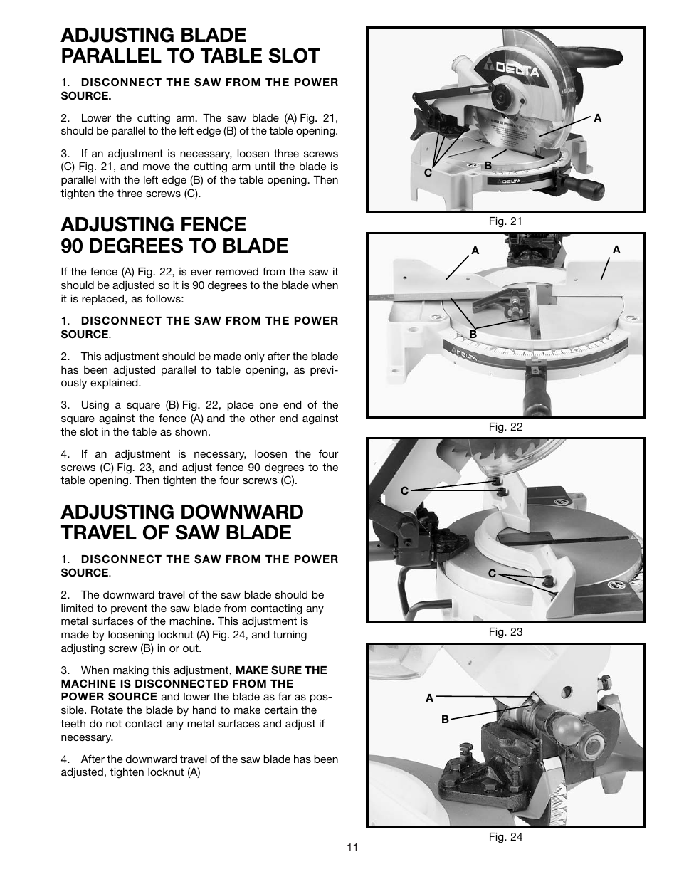 Adjusting blade parallel to table slot, Adjusting fence 90 degrees to blade, Adjusting downward travel of saw blade | Epson 36-075 User Manual | Page 11 / 21