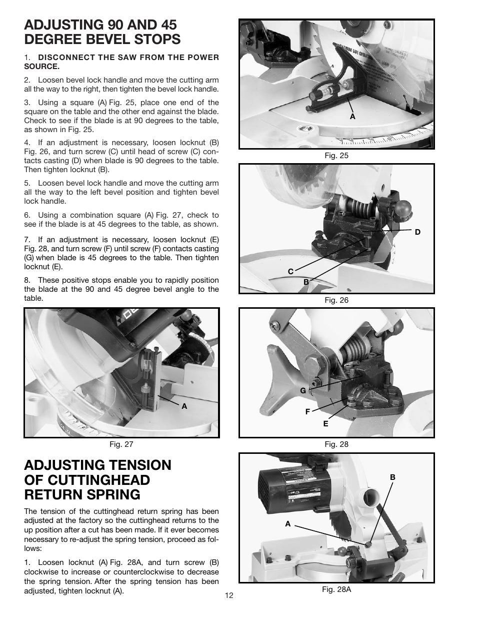 Adjusting 90 and 45 degree bevel stops, Adjusting tension of cuttinghead return spring | Epson 36-075 User Manual | Page 12 / 21