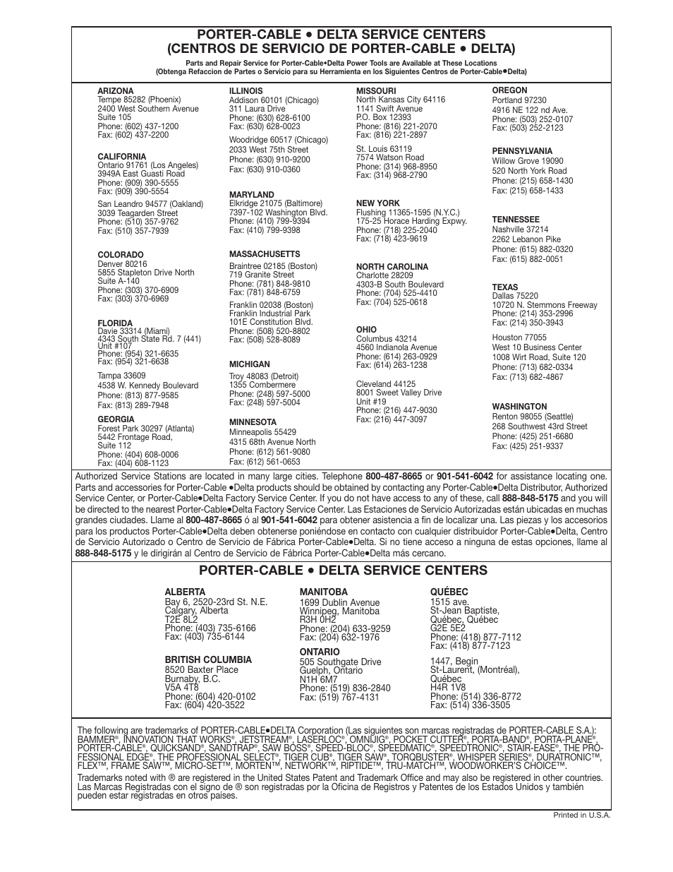 Porter-cable, Delta), Delta service centers | Epson 36-075 User Manual | Page 21 / 21