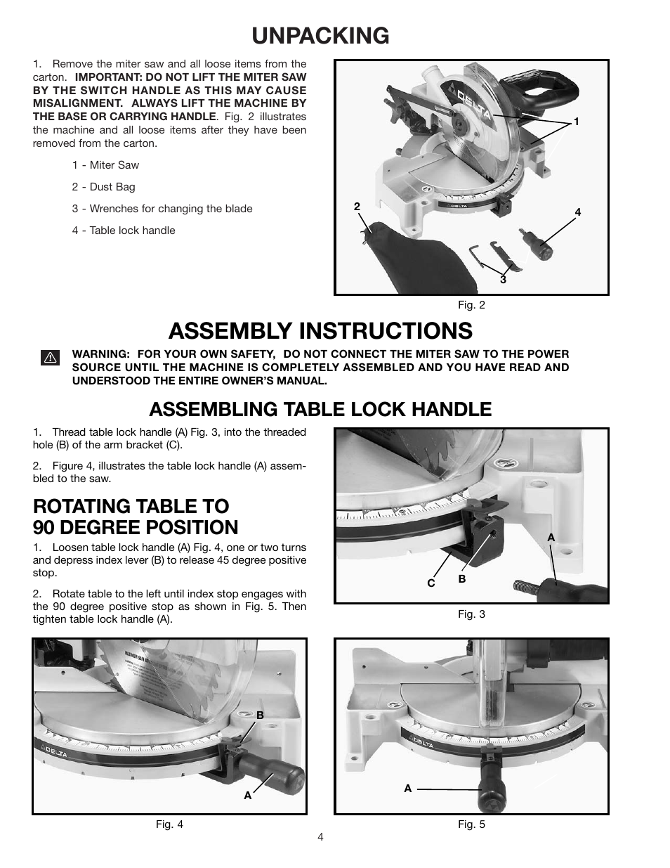 Unpacking, Assembly instructions, Assembling table lock handle | Rotating table to 90 degree position | Epson 36-075 User Manual | Page 4 / 21