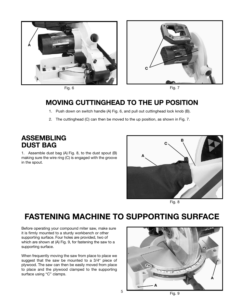 Fastening machine to supporting surface, Moving cuttinghead to the up position, Assembling dust bag | Epson 36-075 User Manual | Page 5 / 21