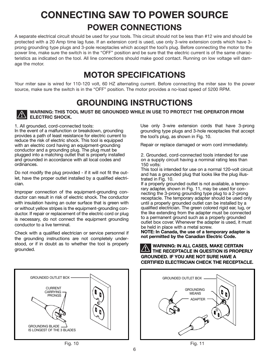 Connecting saw to power source, Power connections, Motor specifications | Grounding instructions | Epson 36-075 User Manual | Page 6 / 21