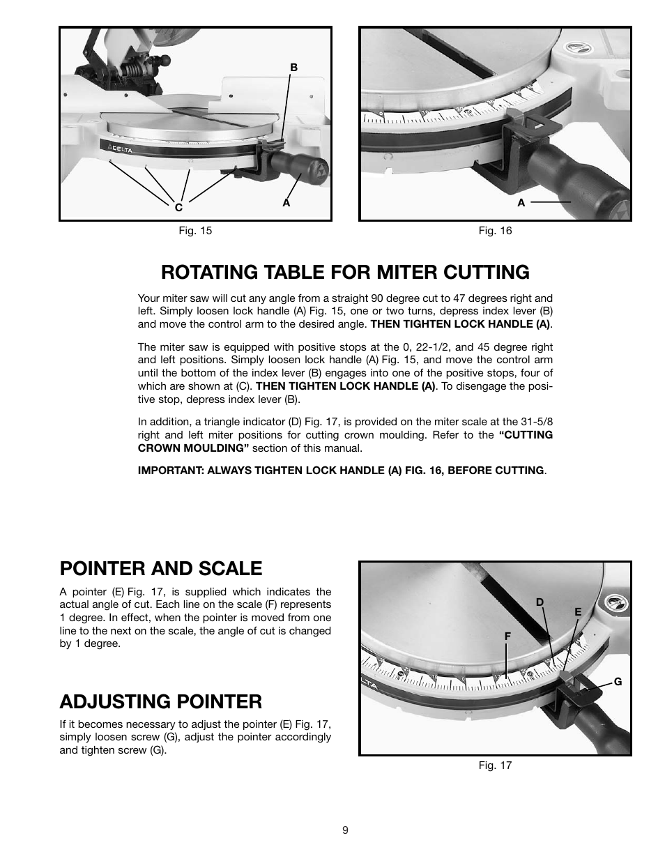 Rotating table for miter cutting, Pointer and scale, Adjusting pointer | Epson 36-075 User Manual | Page 9 / 21