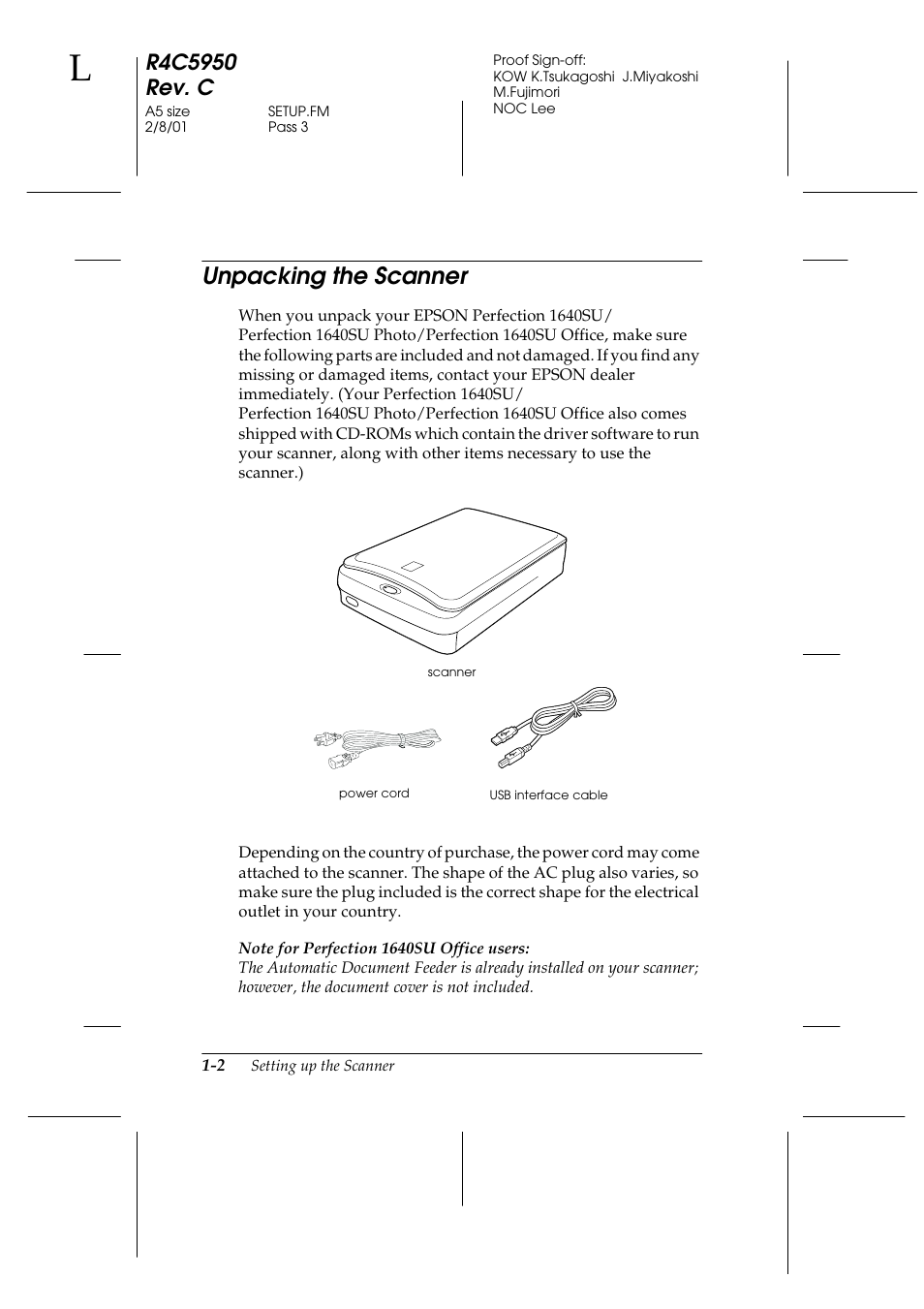 Unpacking the scanner, Unpacking the scanner -2 | Epson 1640SU User Manual | Page 12 / 56