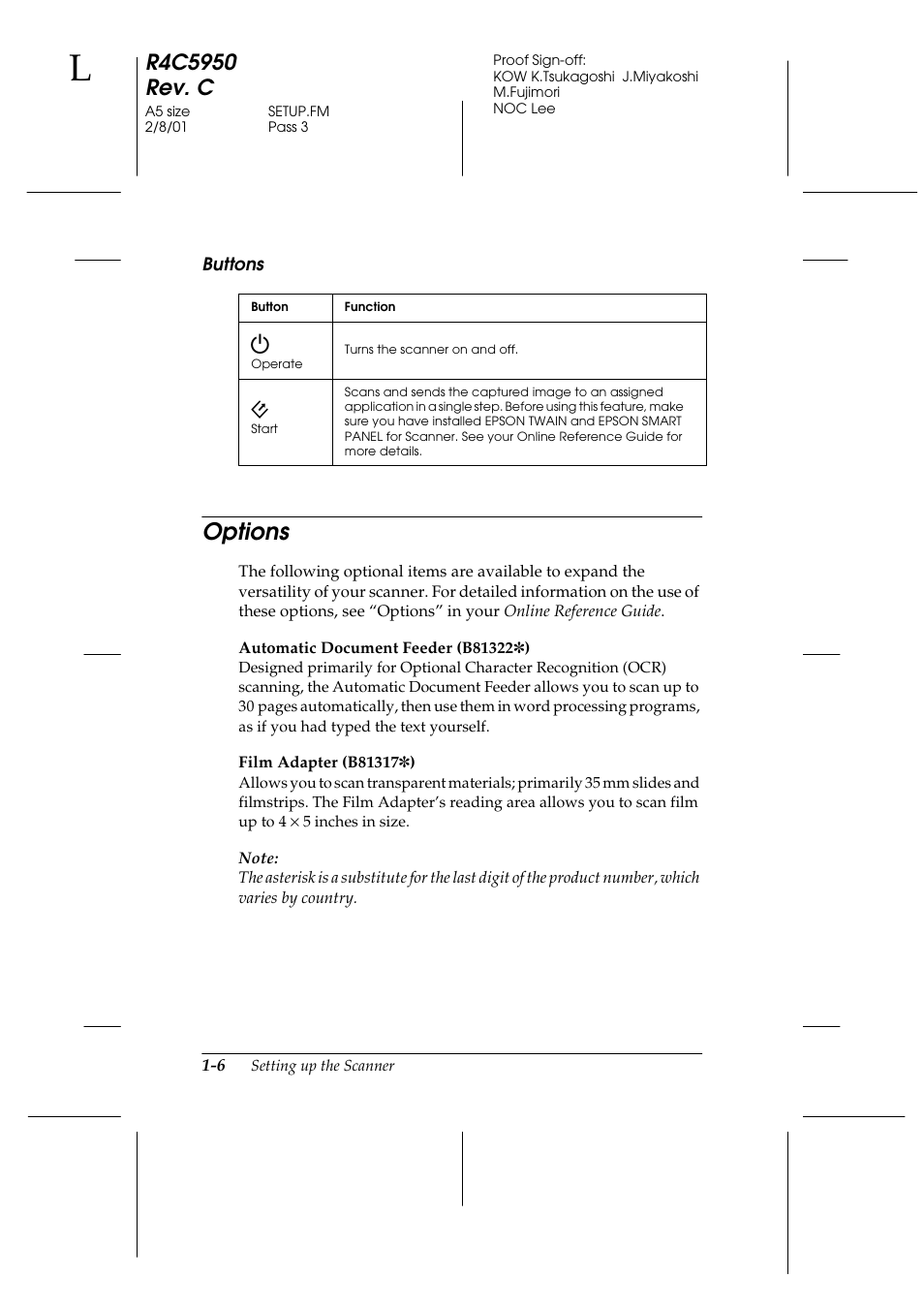 Buttons, Options, Options -6 | Epson 1640SU User Manual | Page 16 / 56