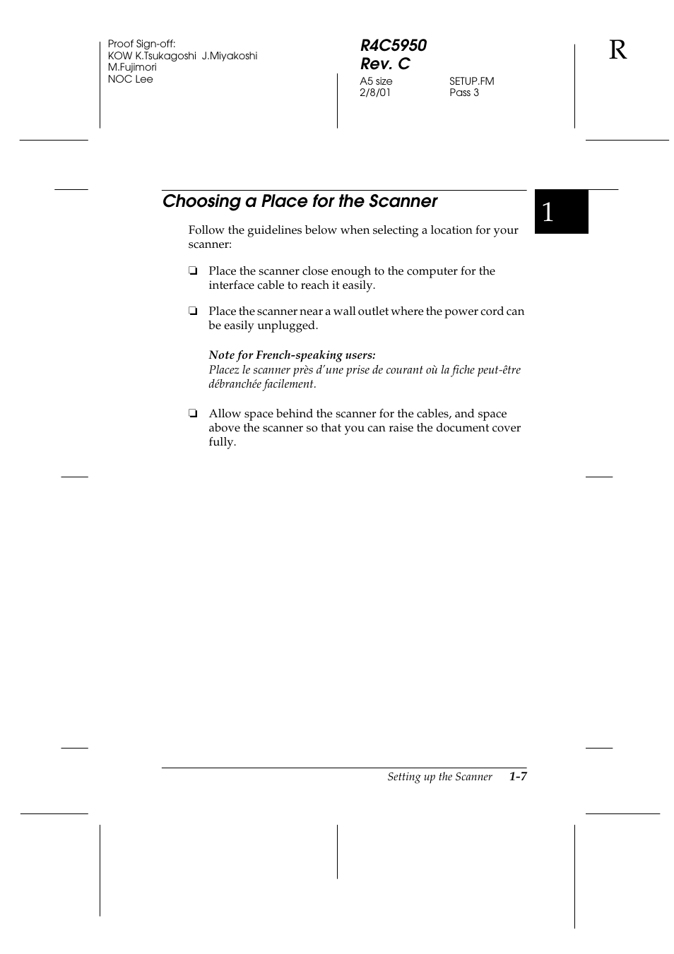 Choosing a place for the scanner, Choosing a place for the scanner -7 | Epson 1640SU User Manual | Page 17 / 56