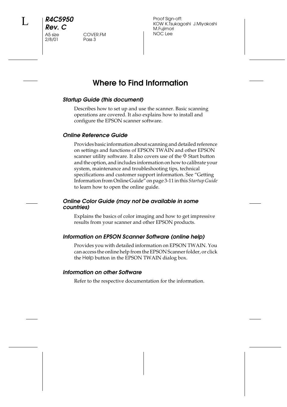 Where to find information, Startup guide (this document), Online reference guide | Information on other software | Epson 1640SU User Manual | Page 2 / 56