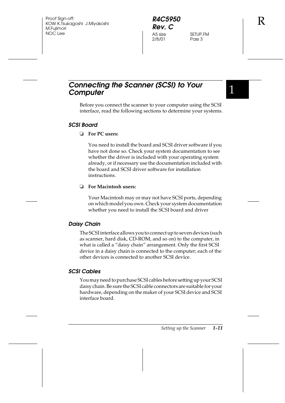 Connecting the scanner (scsi) to your computer, Scsi board, Daisy chain | Scsi cables, Connecting the scanner (scsi) to your computer -11 | Epson 1640SU User Manual | Page 21 / 56