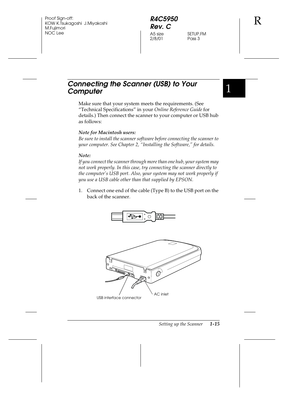 Connecting the scanner (usb) to your computer, Connecting the scanner (usb) to your computer -15 | Epson 1640SU User Manual | Page 25 / 56