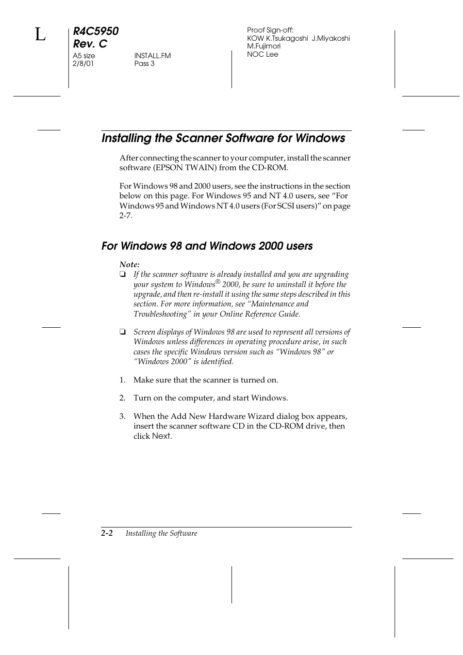 Installing the scanner software for windows, For windows 98 and windows 2000 users, Installing the scanner software for windows -2 | For windows 98 and windows 2000 users -2 | Epson 1640SU User Manual | Page 28 / 56