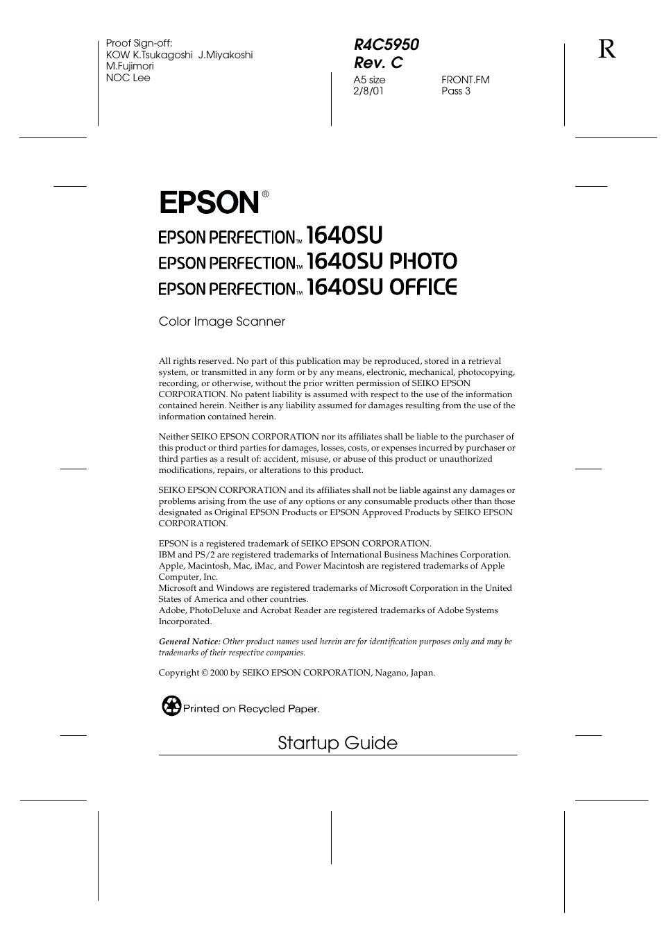 Color image scanner, Startup guide | Epson 1640SU User Manual | Page 3 / 56