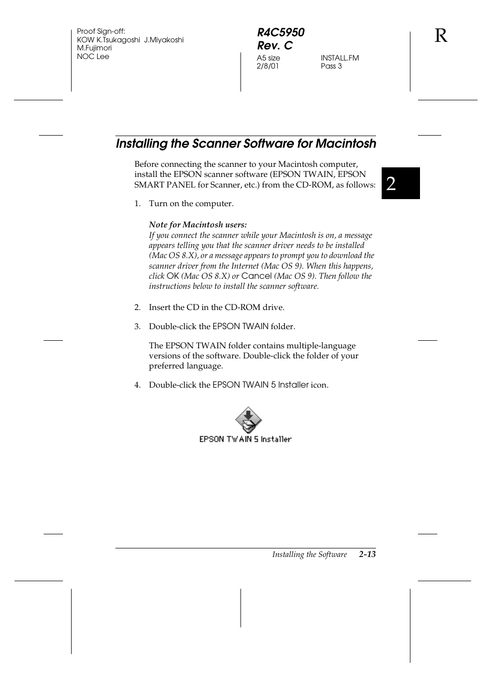 Installing the scanner software for macintosh, Installing the scanner software for macintosh -13 | Epson 1640SU User Manual | Page 39 / 56