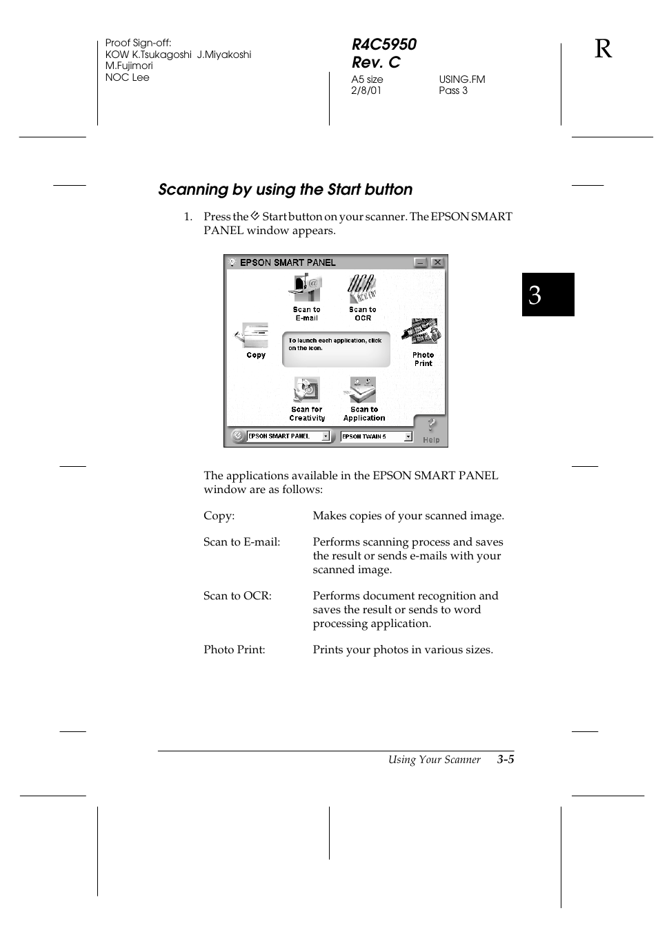 Scanning by using the start button, Scanning by using the start button -5 | Epson 1640SU User Manual | Page 47 / 56