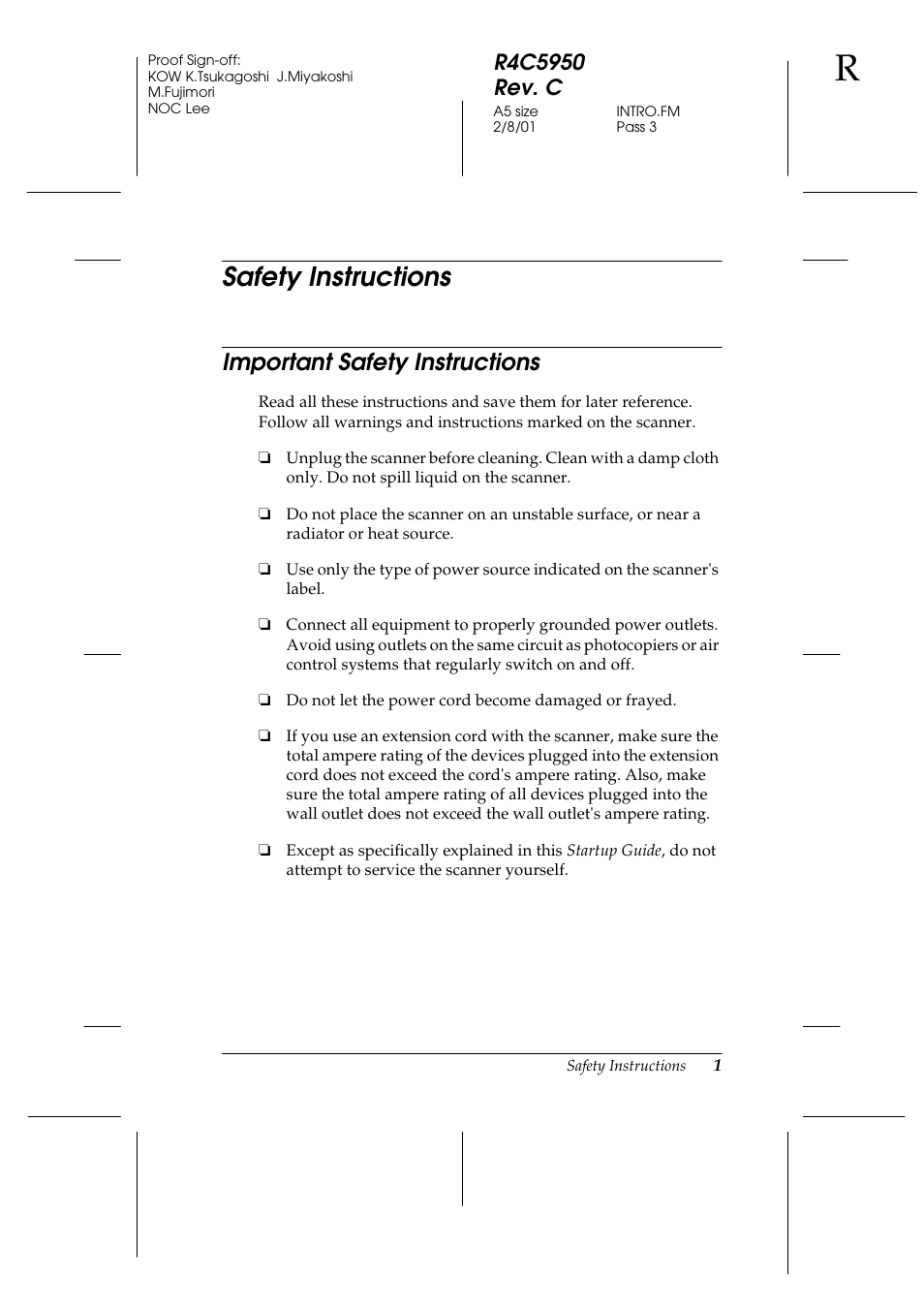 Safety instructions, Important safety instructions | Epson 1640SU User Manual | Page 7 / 56