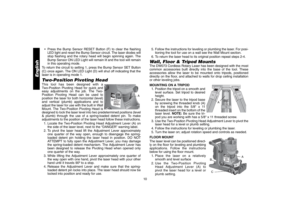 English, Two-position pivoting head, Wall, floor & tripod mounts | Epson DW073 User Manual | Page 12 / 68