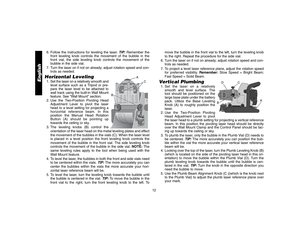 English, Horizontal leveling, Vertical plumbing | Epson DW073 User Manual | Page 14 / 68