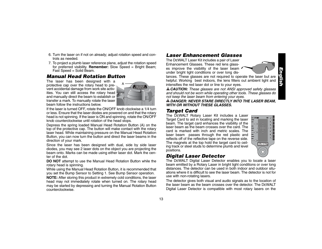 English, Manual head rotation button, Laser enhancement glasses | Target card, Digital laser detector | Epson DW073 User Manual | Page 15 / 68