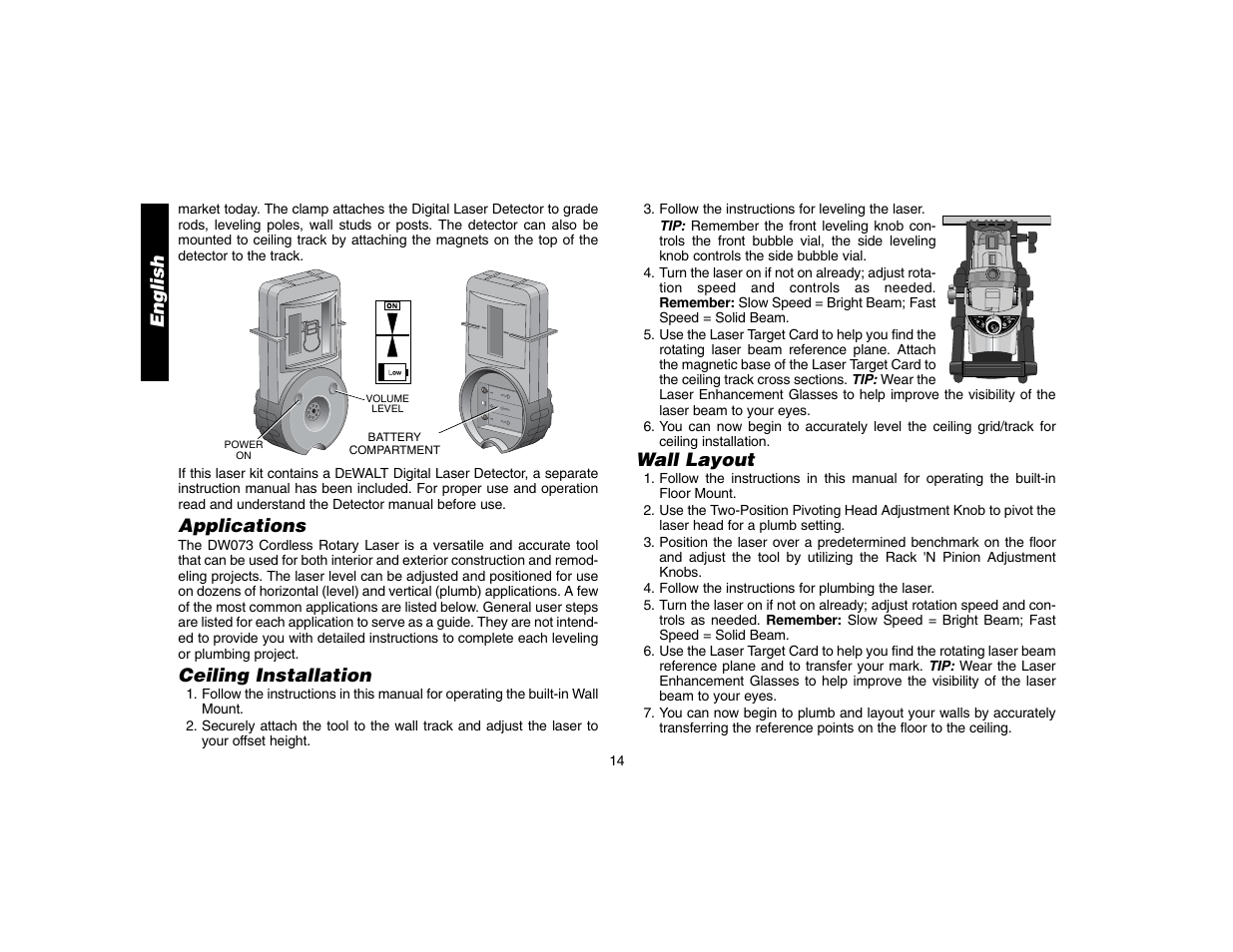 English, Applications, Ceiling installation | Wall layout | Epson DW073 User Manual | Page 16 / 68