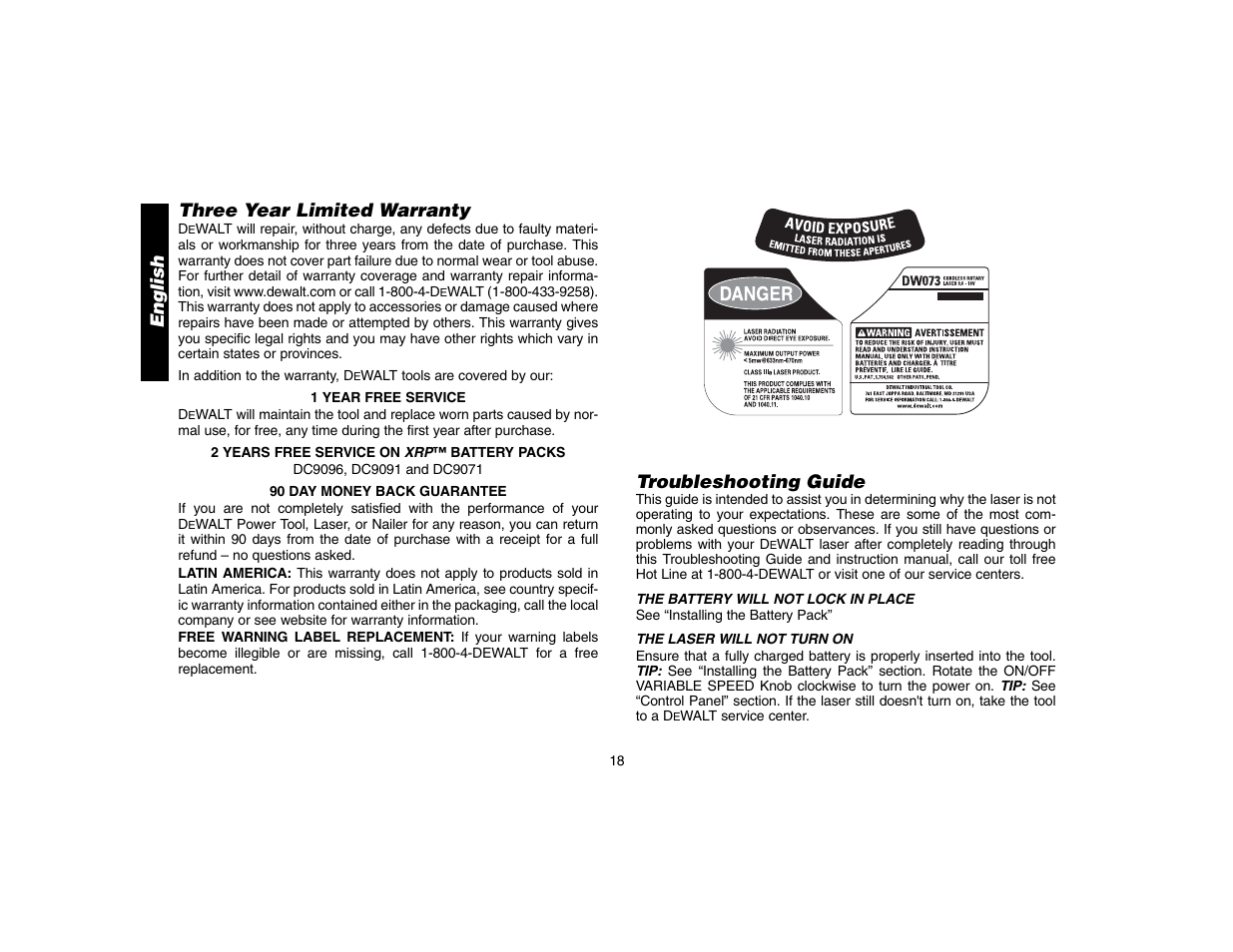 English three year limited warranty, Troubleshooting guide | Epson DW073 User Manual | Page 20 / 68