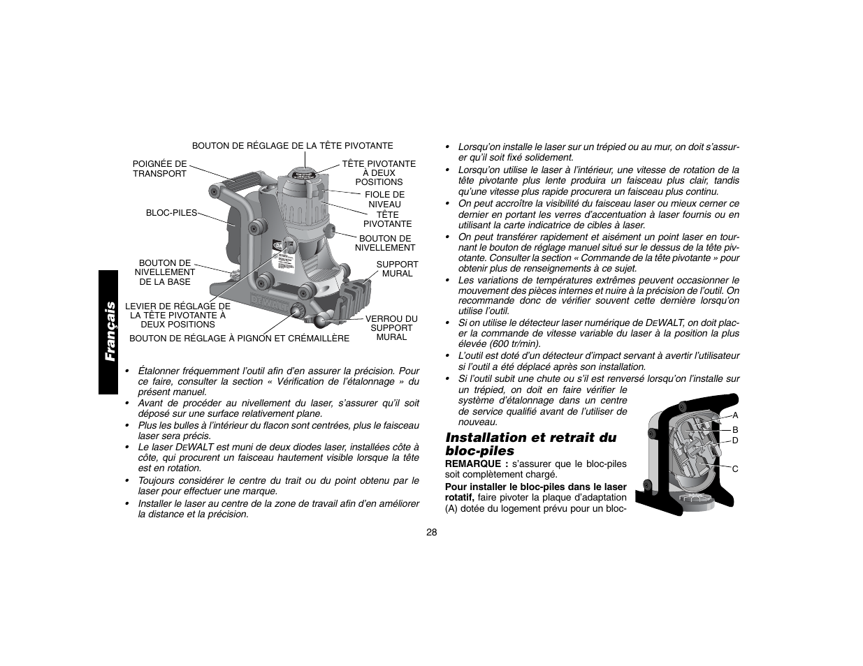Installation et retrait du bloc-piles, Français | Epson DW073 User Manual | Page 30 / 68